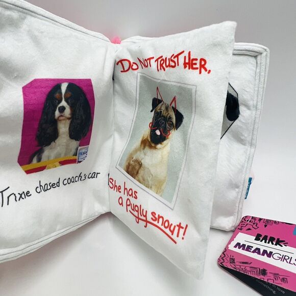 Bark Box Mean Girls M-L Burn Book Plush Dog Toy Crinkle Squeakers Pink New - Picture 2 of 3
